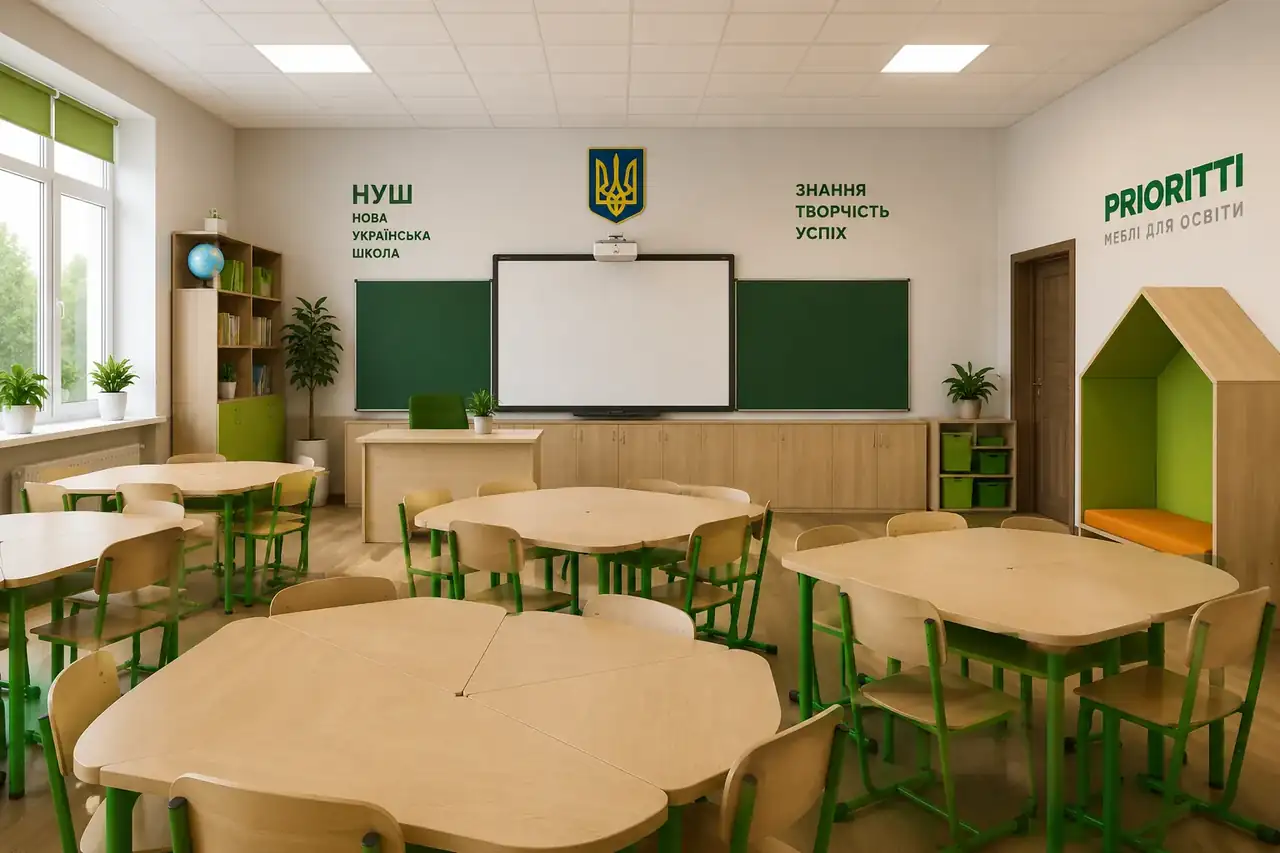 Обладнаний кабінет НУШ з меблями PRIORITTI: парти, стільці, дошка, осередки