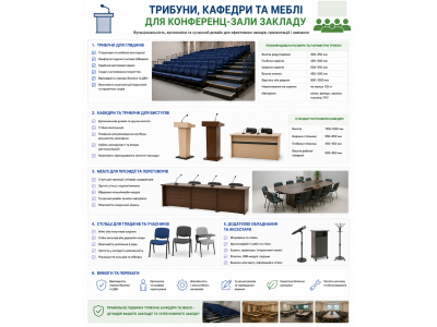 Трибуни, кафедри та меблі для конференц-зали закладу Трибуни, кафедри та меблі для конференц-зали закладу