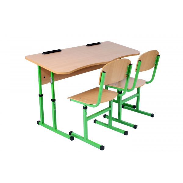 2-seater anti-scoliosis student's table without shelf + T-shaped chair on a square tube № 4-6 HPL (90131 + 90292HPL)