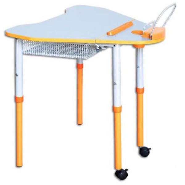 Mobile table with adjustable height and tilt of the table top, with a shelf