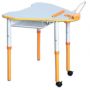 Mobile table with adjustable height and tilt of the table top, with a shelf
