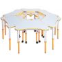 Mobile table with adjustable height and tilt of the table top, with a shelf