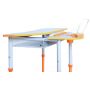 Mobile table with adjustable height and tilt of the table top, with a shelf