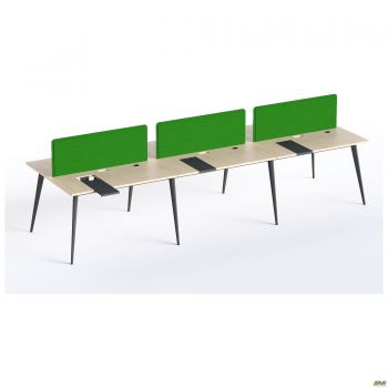 6-person workstation with pedestals (3600x1150x750) Plywood / Black pedestal / Black frame / Green partition