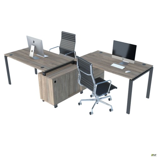 Manager desk set for 2 workstations, Set 14, Smoky Liberty elm/Black graphite