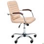 Rumba-RC chair, chrome, walnut-tone armrests, beige faux leather
