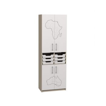 Closed Cabinet with Trays and Geography-Themed Print