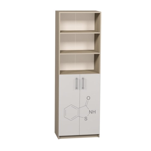 Half-Closed Cabinet with Two Doors and Chemistry-Themed Print