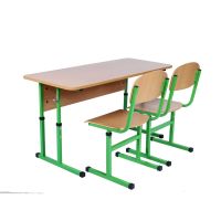 School Set on Square Tube No. 4-6: Double Desk and 2 T-Frame HPL Chairs