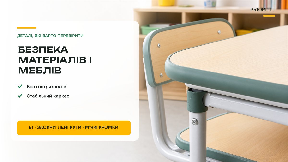 Безпека матеріалів і меблів у класі НУШ: заокруглені кути, стійкість, документи