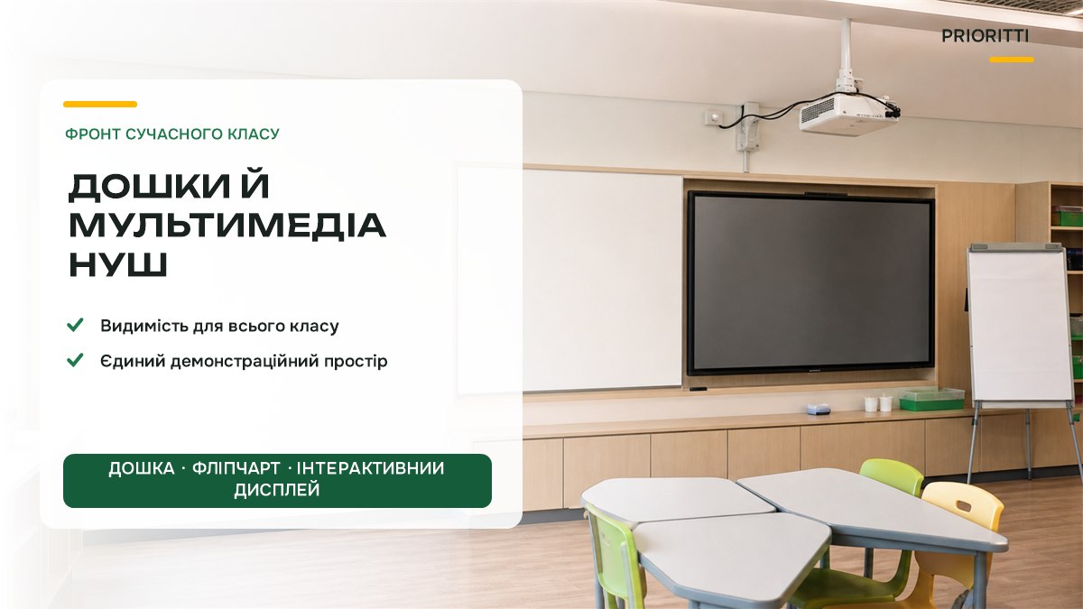 Дошки й мультимедіа для НУШ: дошка, фліп-чарт, інтерактивний дисплей