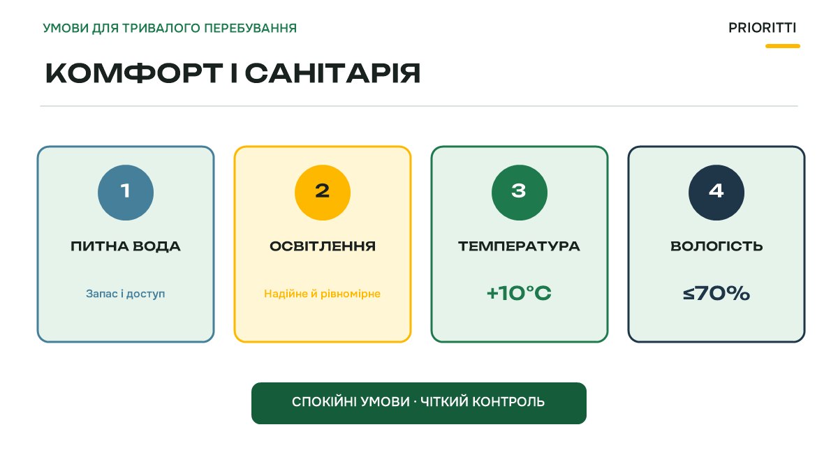 Комфорт і санітарія в укритті: питна вода, освітлення, мікроклімат
