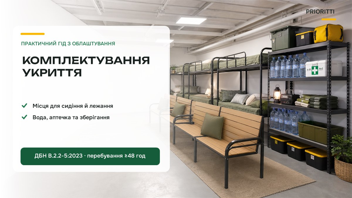 Комплектування укриття: облаштований простір з місцями для сидіння, лежання і зберігання