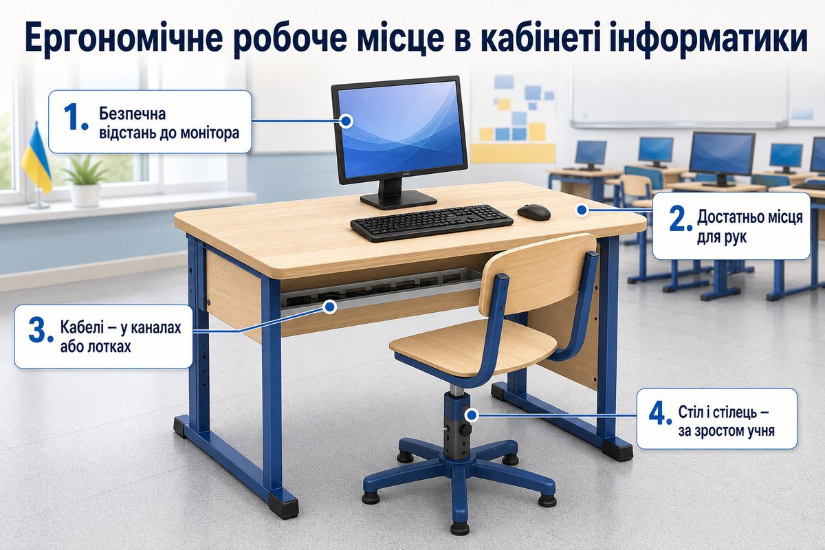 Меблі для кабінету інформатики: комп'ютерні столи та регульовані стільці