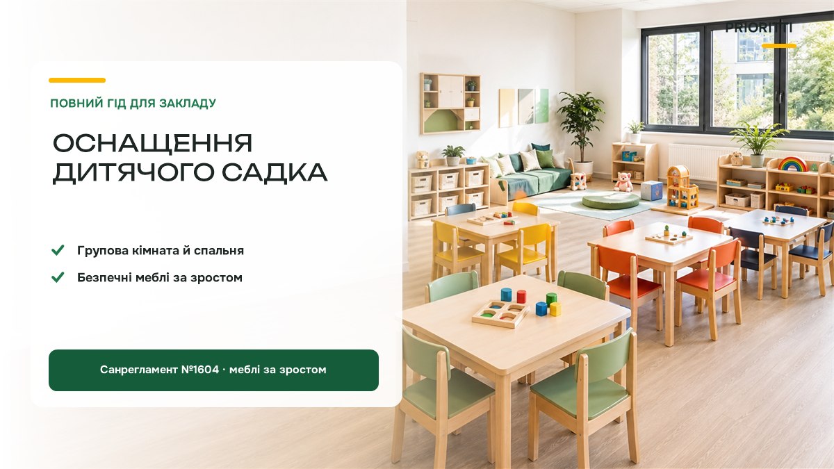 Оснащення дитячого садка: світла групова кімната з меблями за зростом