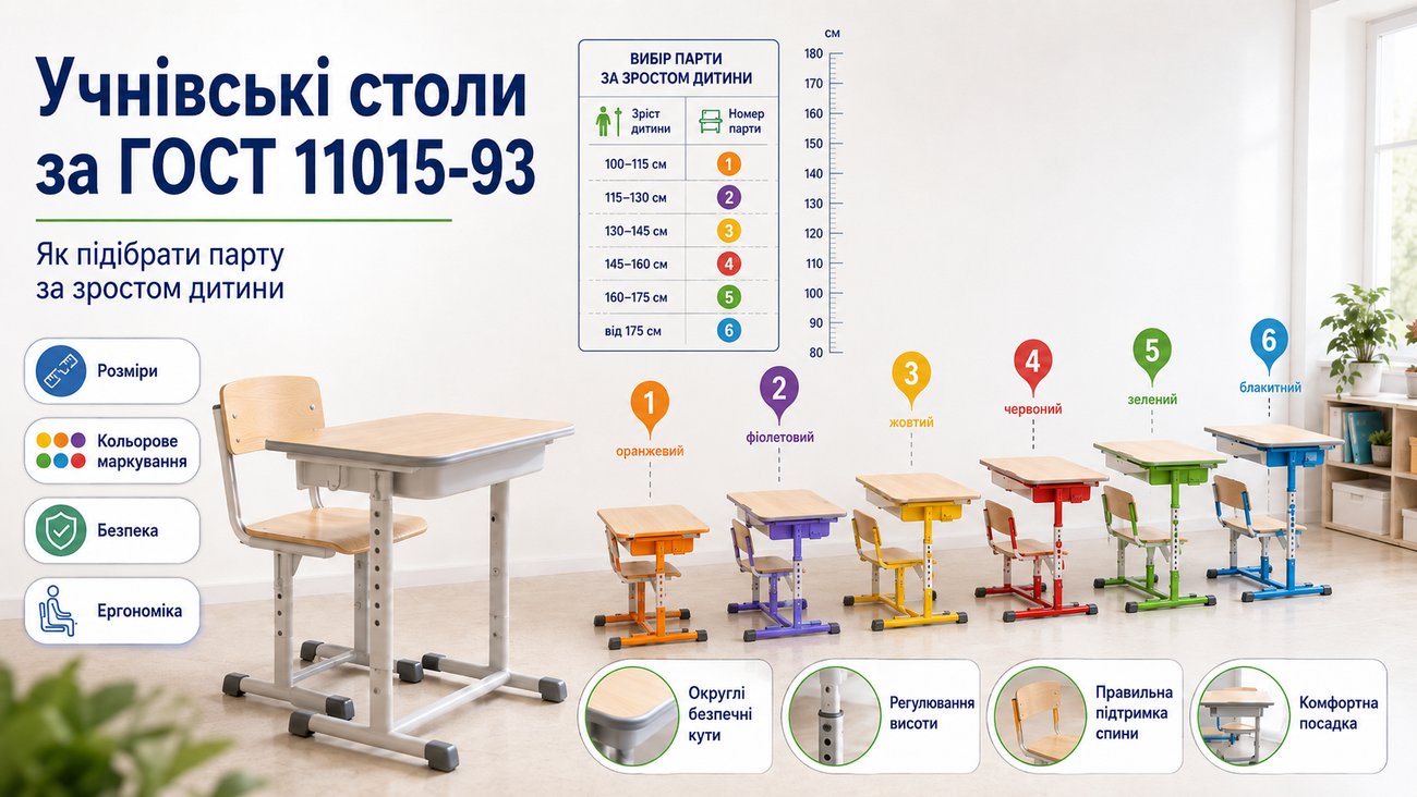 Учнівські столи за ГОСТ 11015-93: номери 1-6, кольорове маркування та розміри за зростом