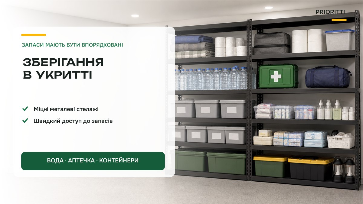 Зберігання в укритті: металеві стелажі й шафи для запасів